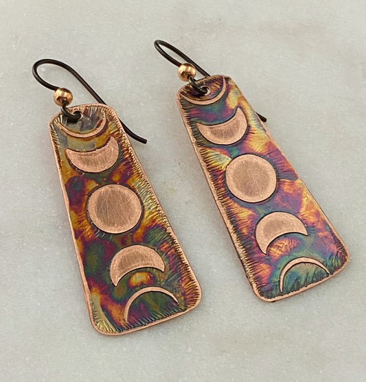 Acid etched copper moon phase earrings