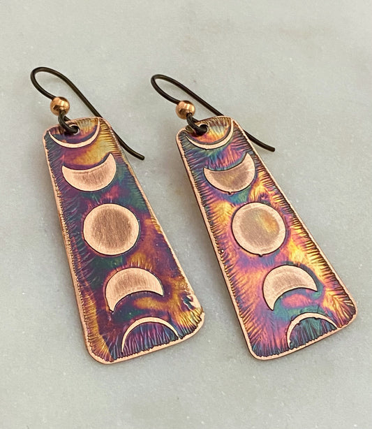 Acid etched copper moon phase earrings