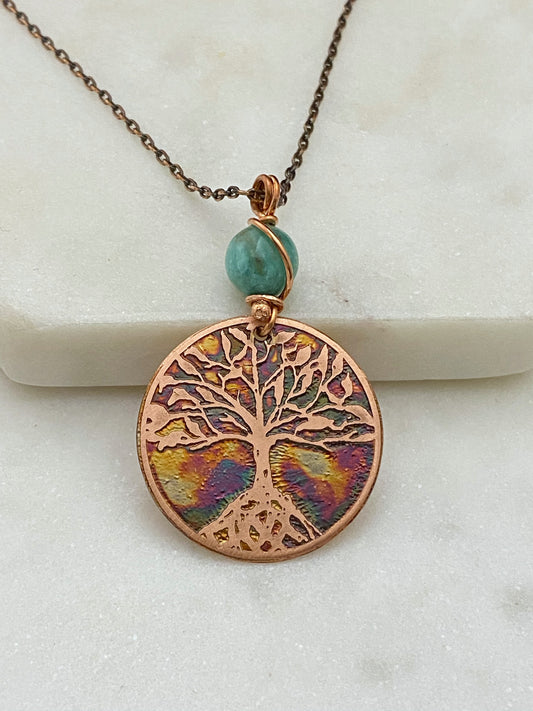 Acid etched copper tree necklace with amazonite gemstone