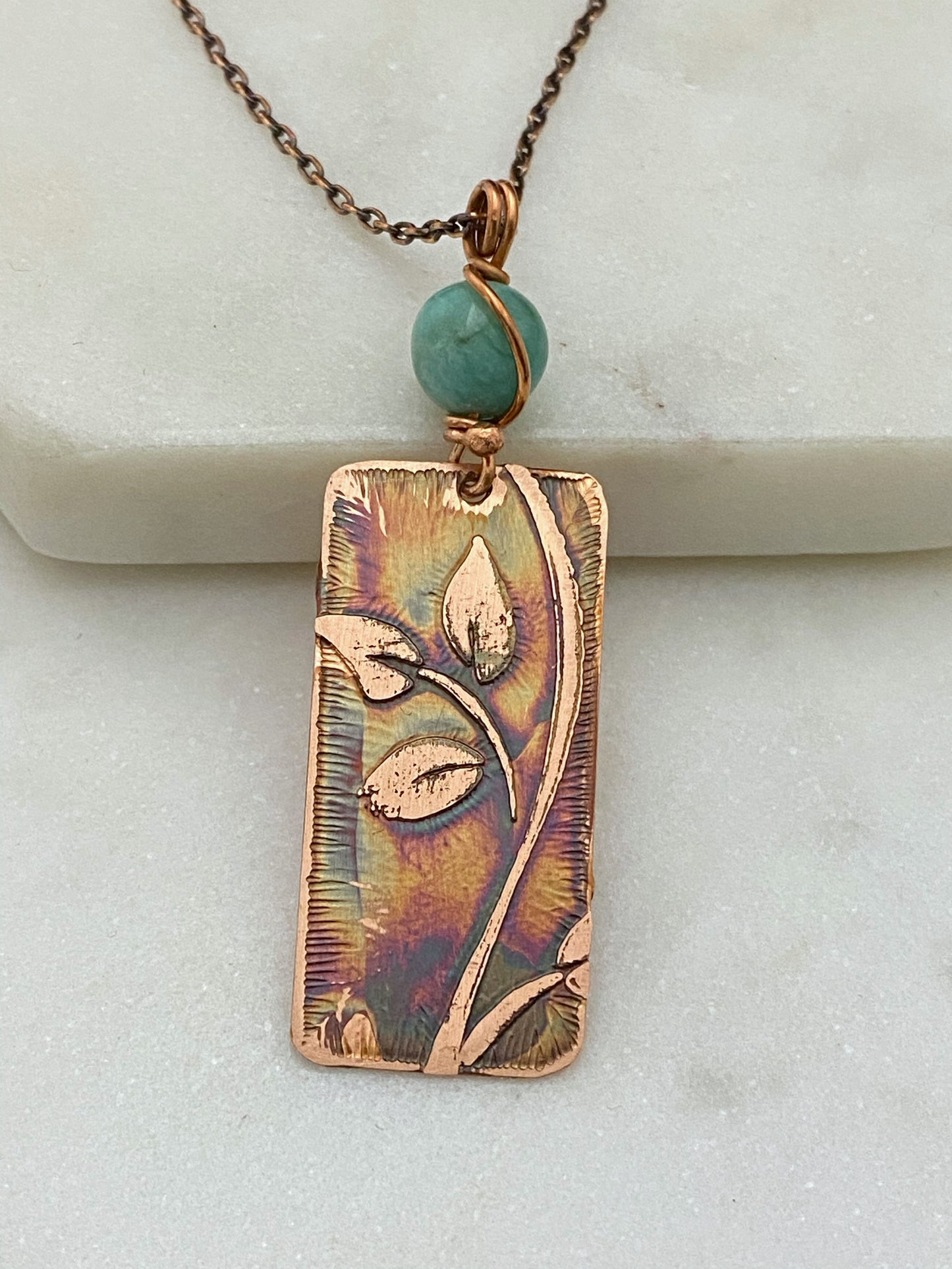 Acid etched copper leaf necklace with amazonite gemstone
