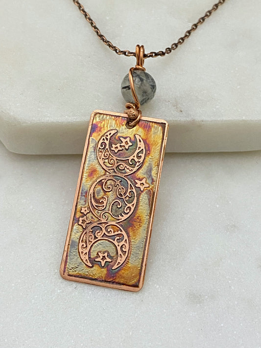 Acid etched copper triple moon necklace with prehnite gemstone