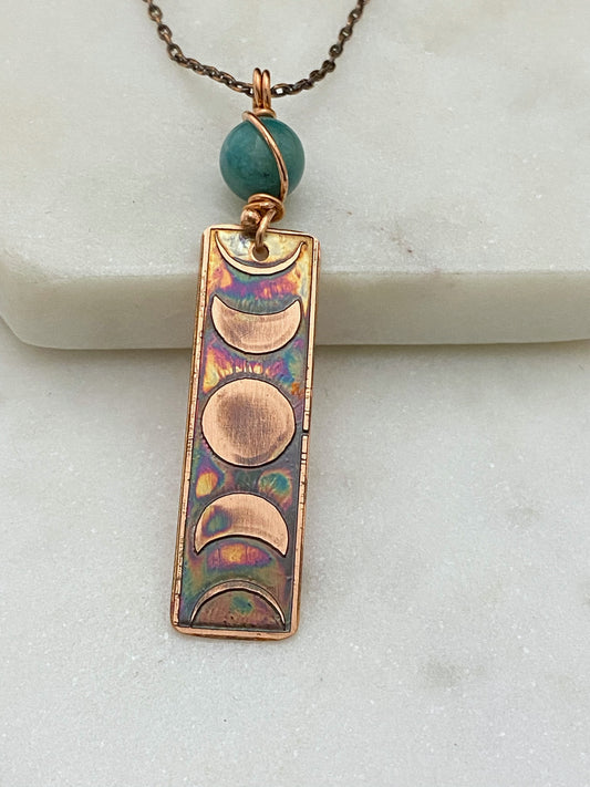 Moon phase acid etched copper necklace with amazonite gemstone