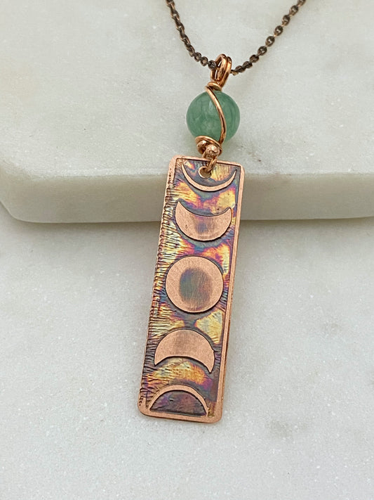 Moon phase acid etched copper necklace with aventurine gemstone