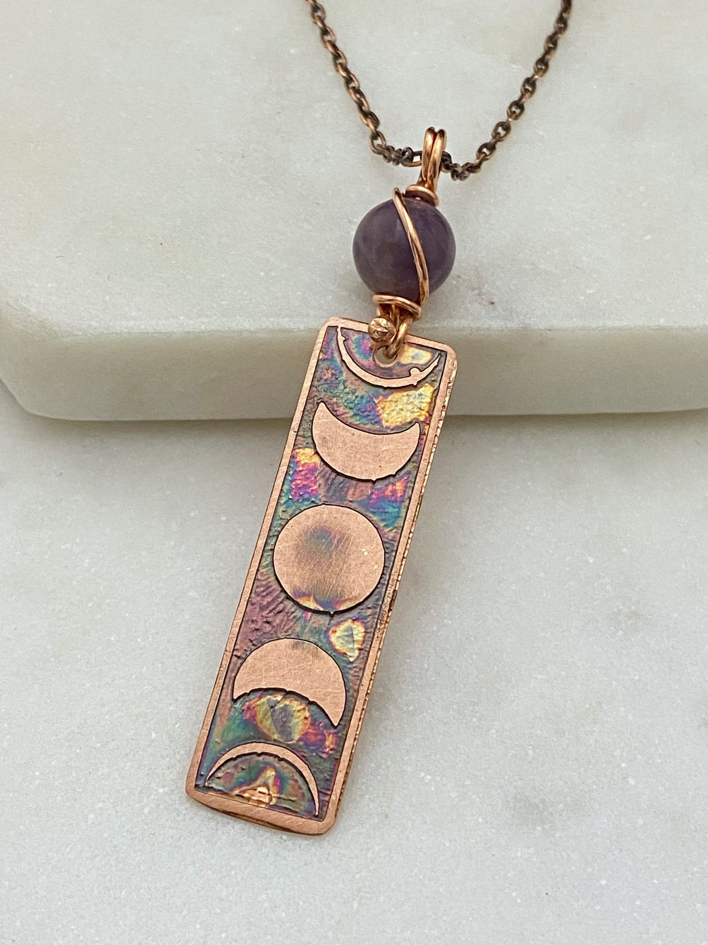 Moon phase acid etched copper necklace with amethyst gemstone