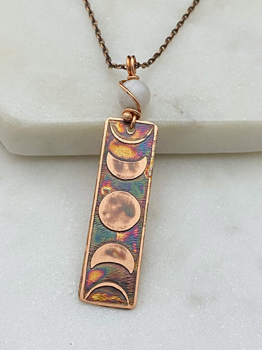 Moon phase acid etched copper necklace with moonstone gemstone