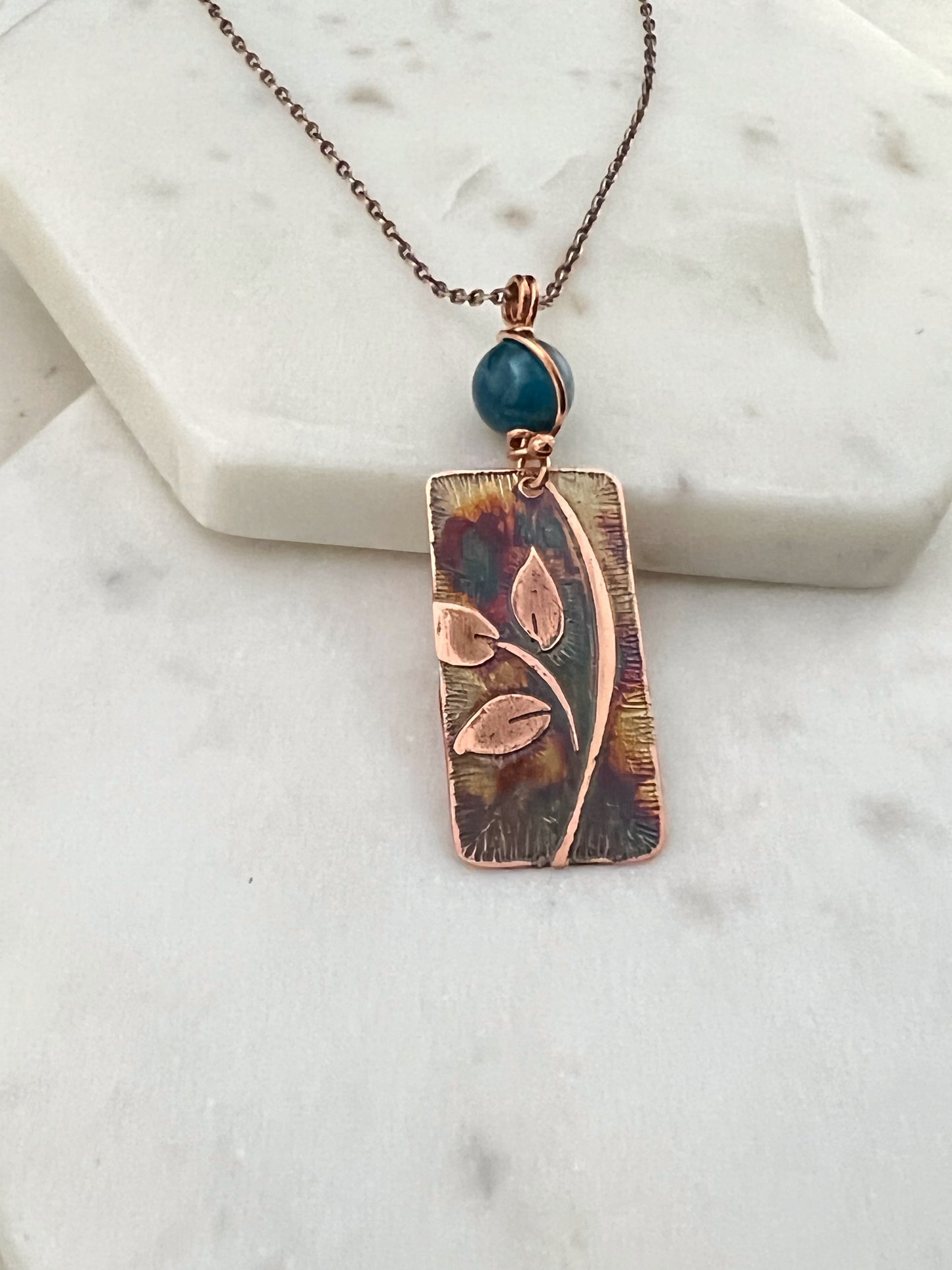 Acid etched copper leaf necklace with apatite gemstone