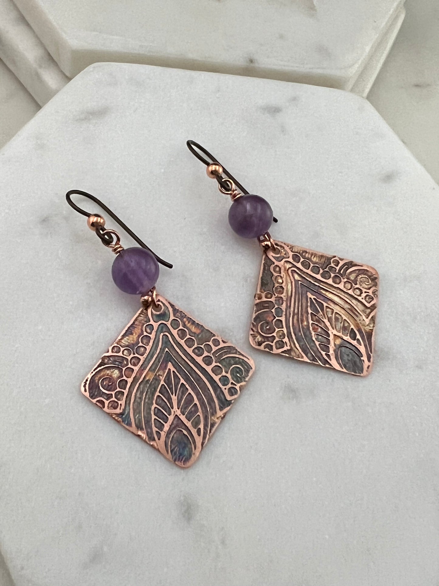 Acid etched copper earrings with amethyst gemstones
