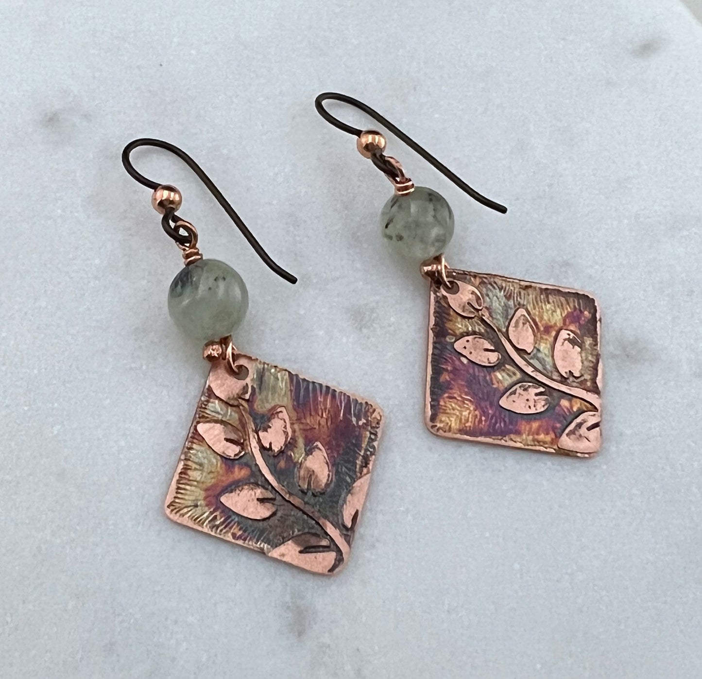 Acid etched copper earrings with prehnite gemstones