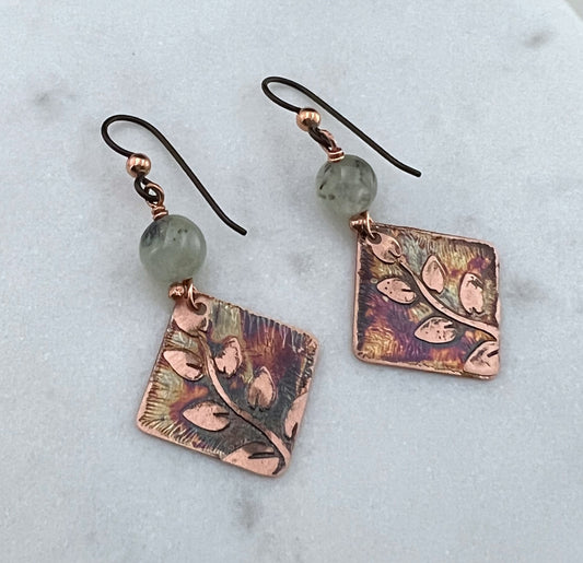 Acid etched copper earrings with prehnite gemstones