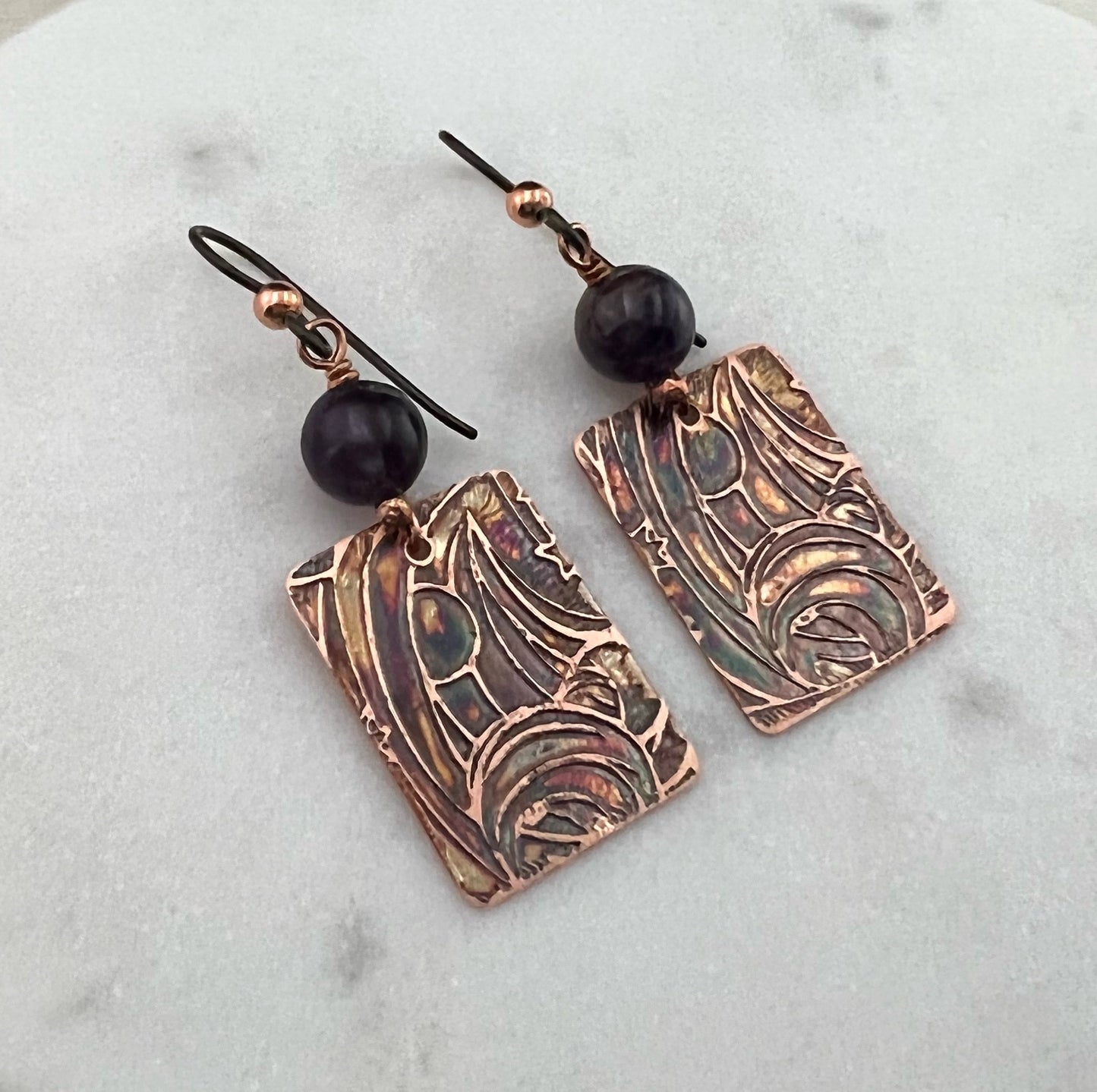 Acid etched copper earrings with amethyst gemstones