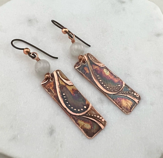 Acid etched copper earrings with moonstone gemstones