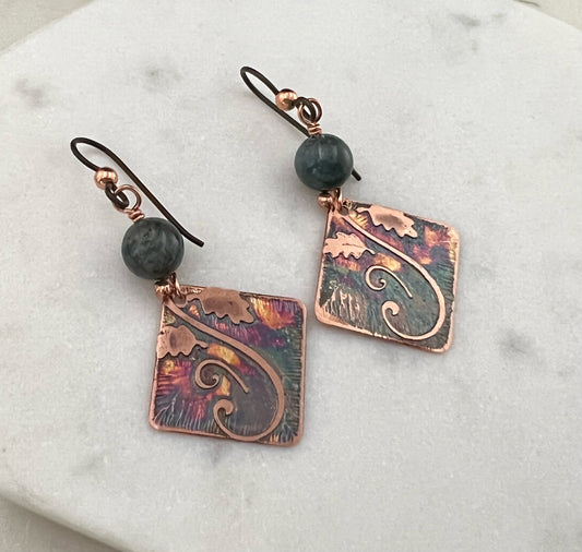 Acid etched copper earrings with moss agate gemstones