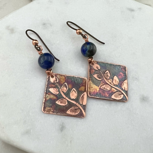 Acid etched copper earrings with azurite chrysocolla gemstones