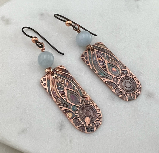 Acid etched copper earrings with aquamarine gemstones