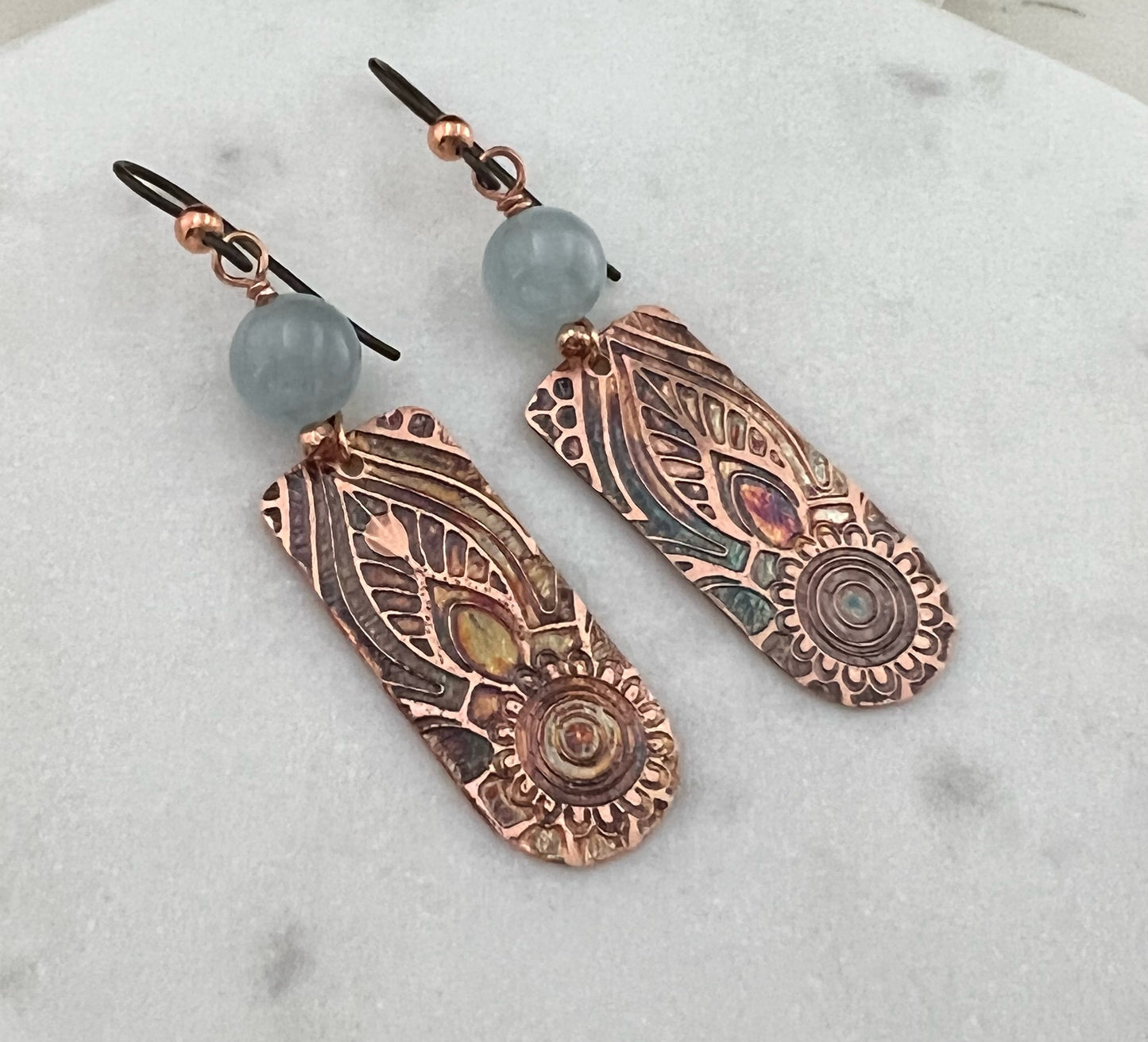 Acid etched copper earrings with aquamarine gemstones