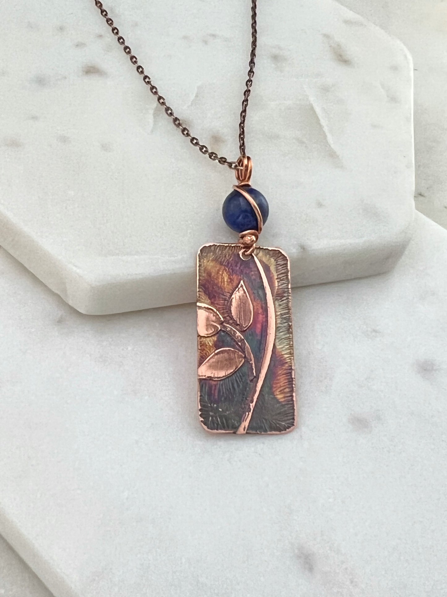 Acid etched copper leaf necklace with lapis gemstone