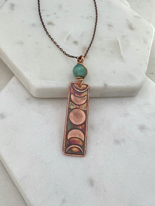 Moon phase acid etched copper necklace with amazonite gemstone