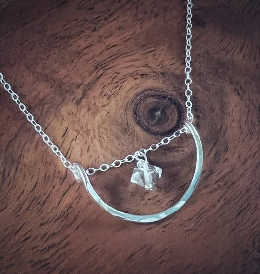 Forged sterling silver wire half moon necklace with Herkimer Diamond