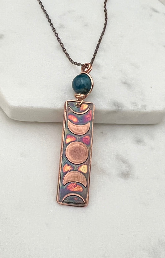 Moon phase acid etched copper necklace with apatite gemstone
