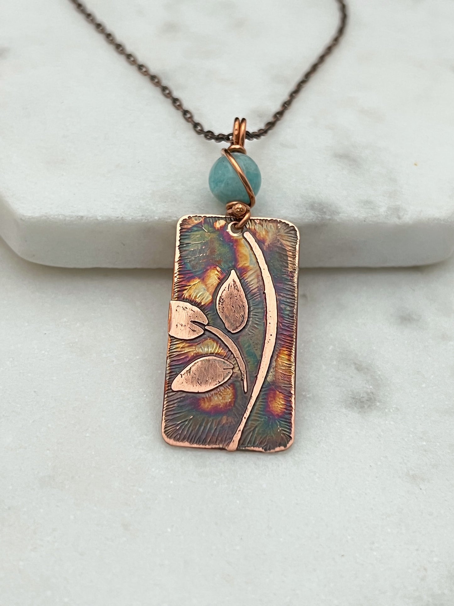 Acid etched copper leaf necklace with amazonite