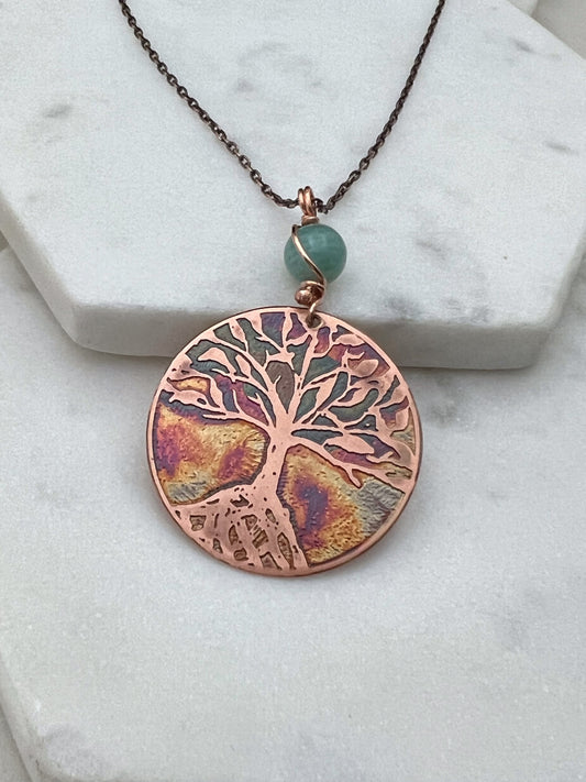 Acid etched copper tree necklace with amazonite gemstone