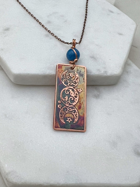Copper and apatite triple moon necklace