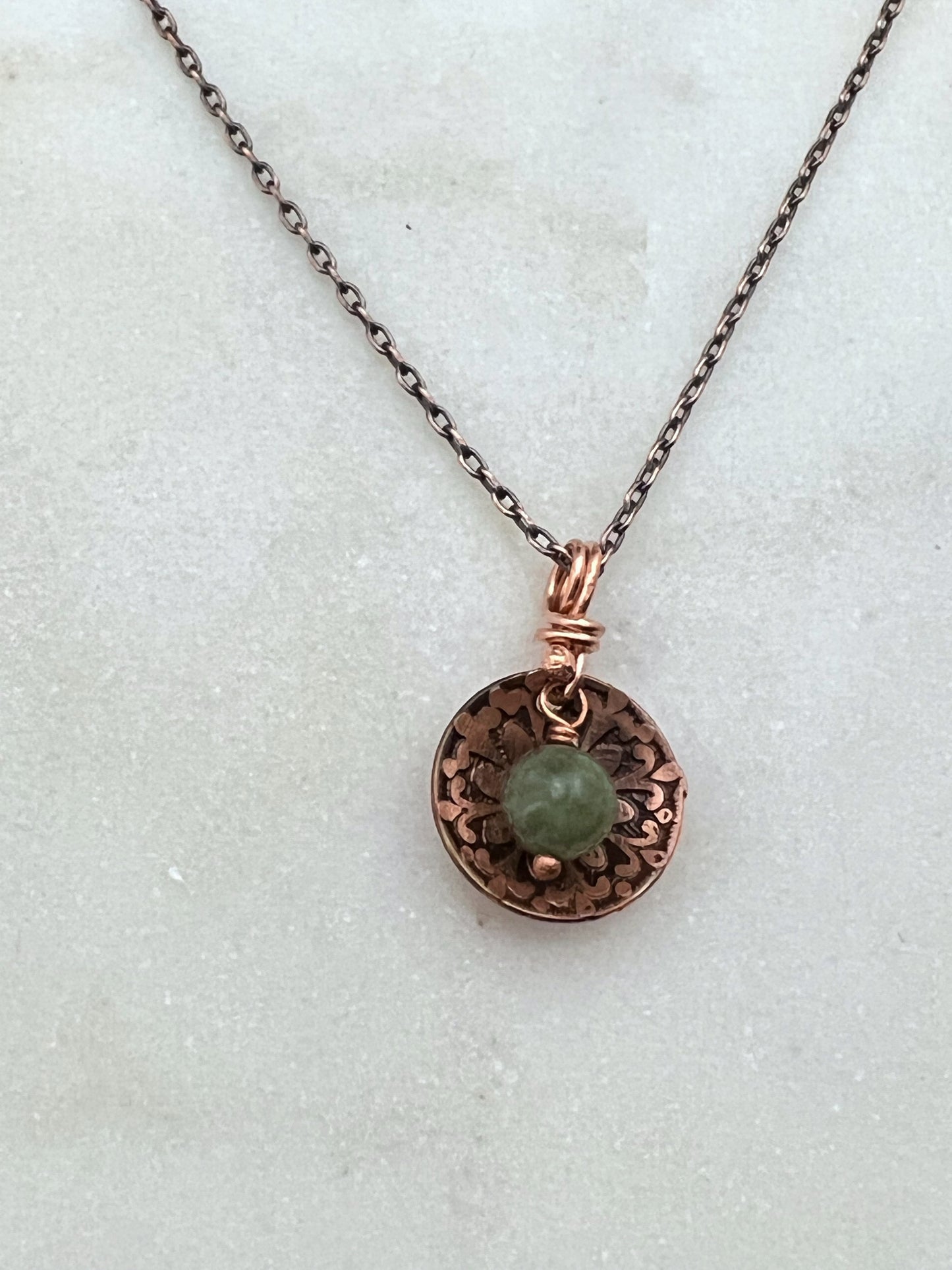Acid etched copper necklace with moss agate gemstone