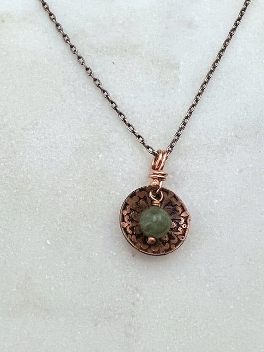 Acid etched copper necklace with moss agate gemstone