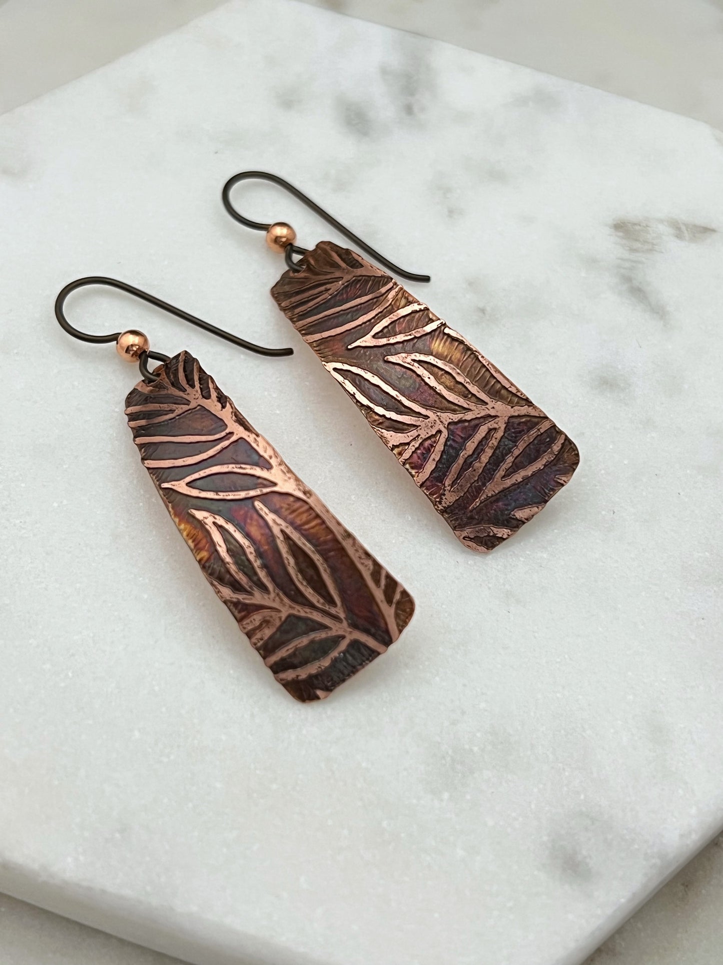 Acid etched copper irregular rectangle earrings