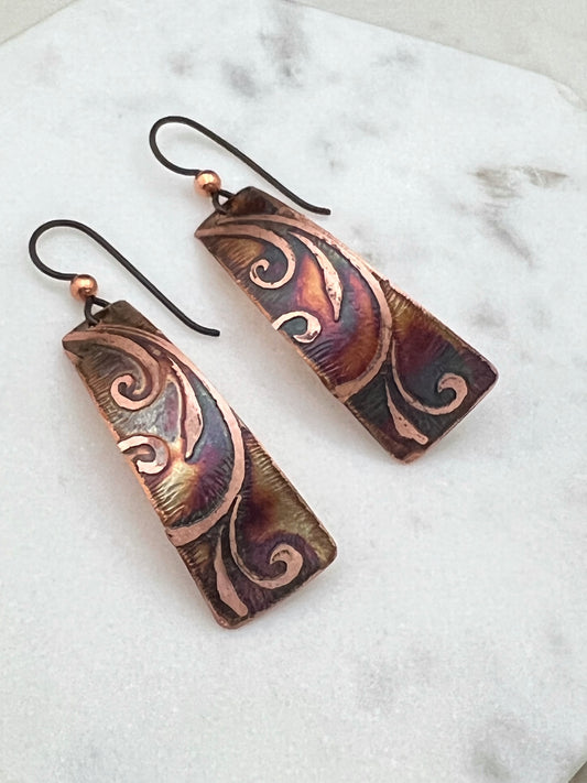 Acid etched copper irregular rectangle earrings