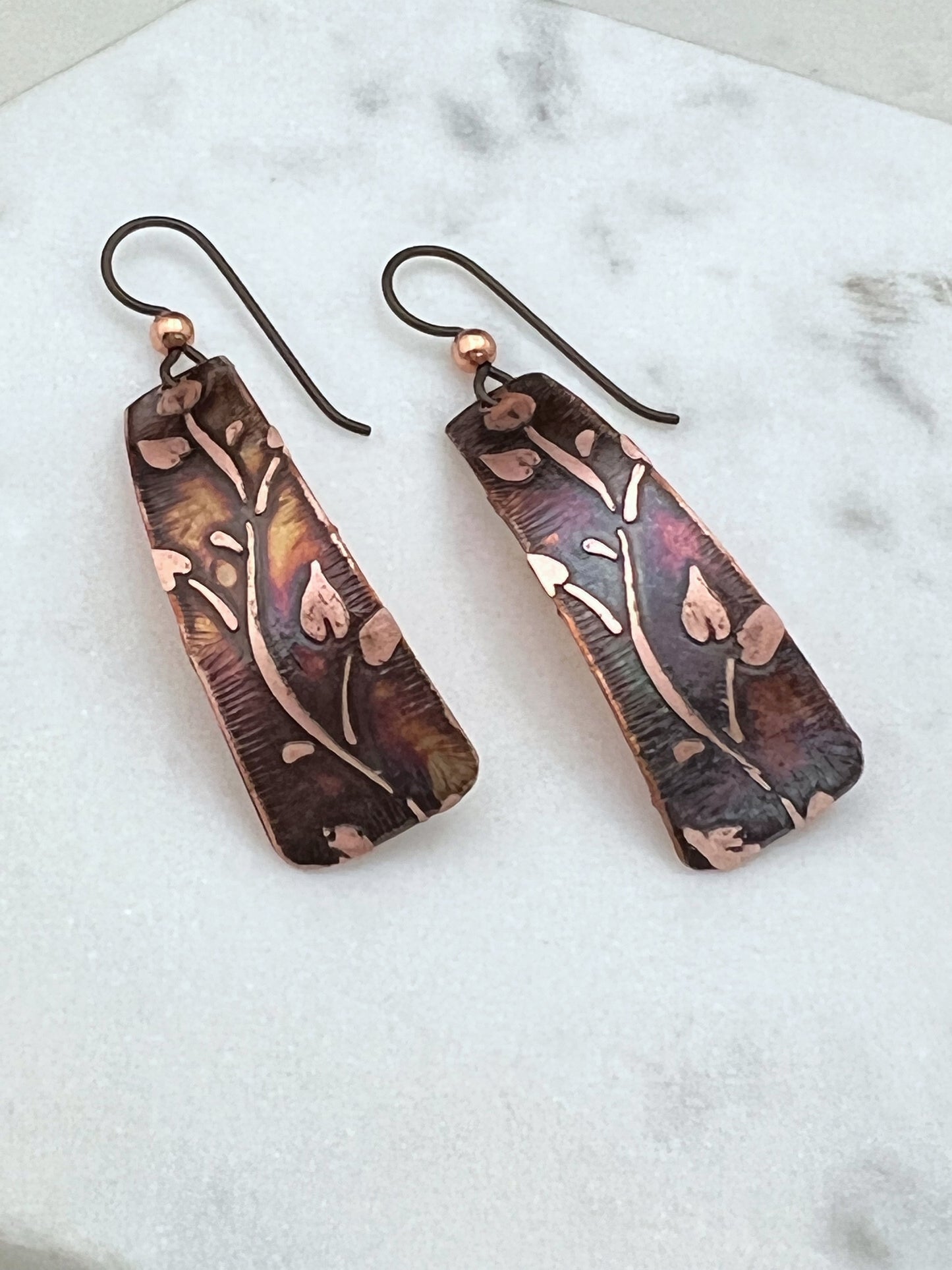 Acid etched copper irregular rectangle earrings