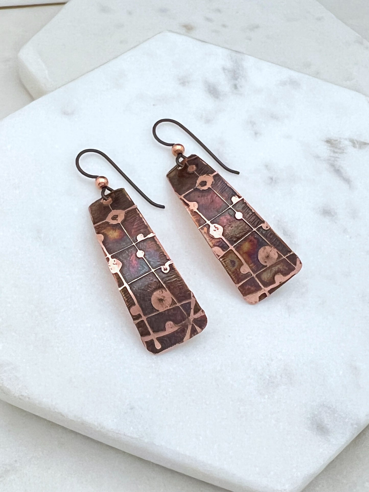 Acid etched copper irregular rectangle earrings
