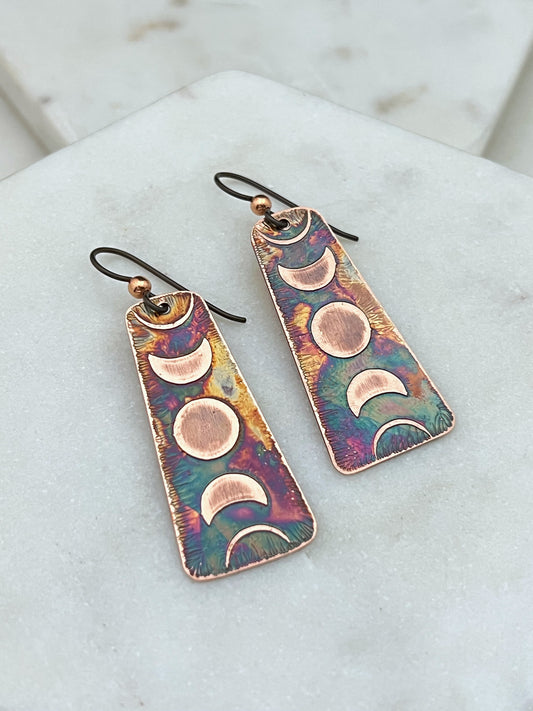 Acid etched copper moon phase earrings