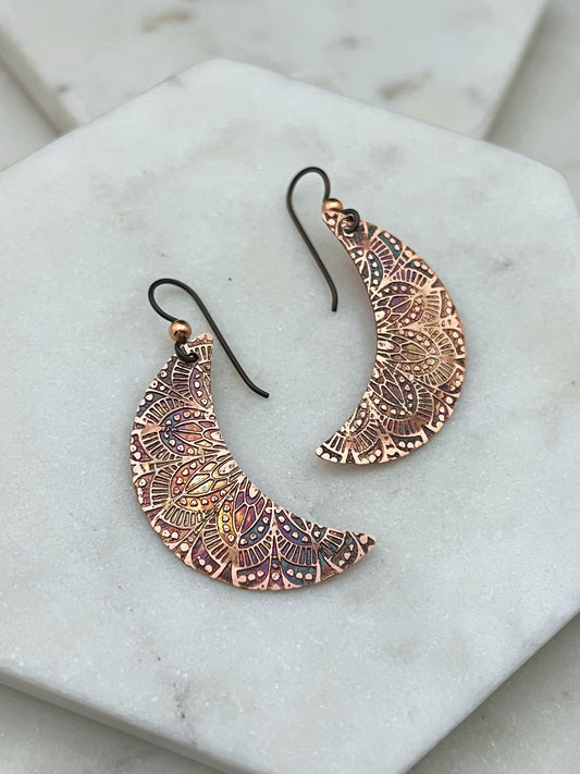 Crescent moon copper earrings