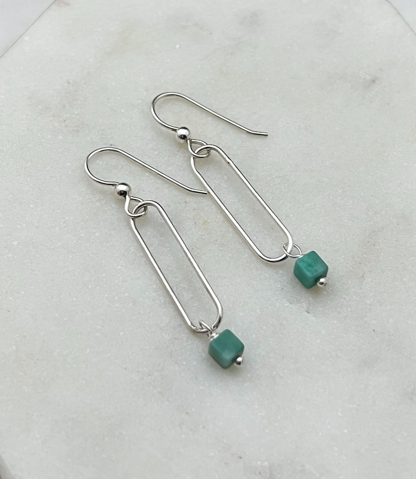 Sterling silver oval hoops with amazonite