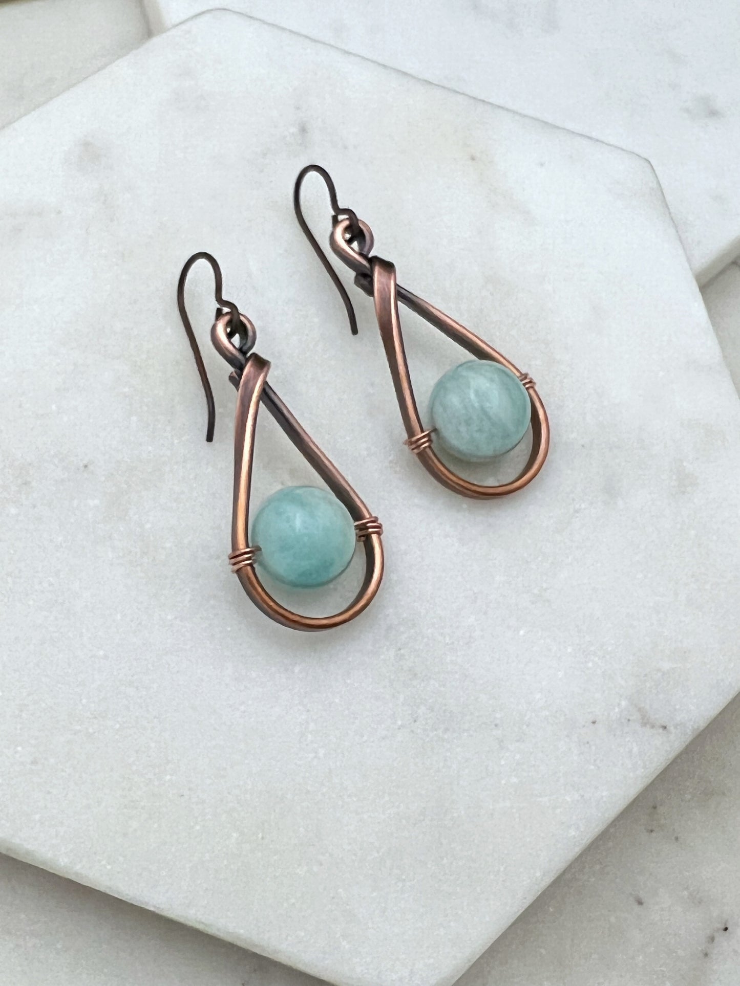 Copper teardrop hoops with aquamarine