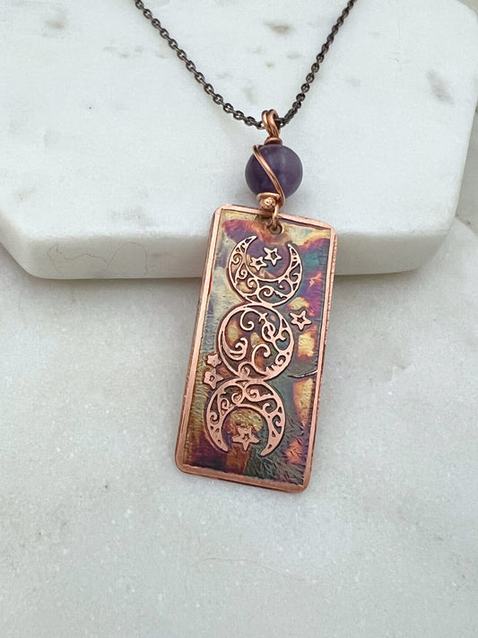 Acid etched copper and amethyst triple moon necklace