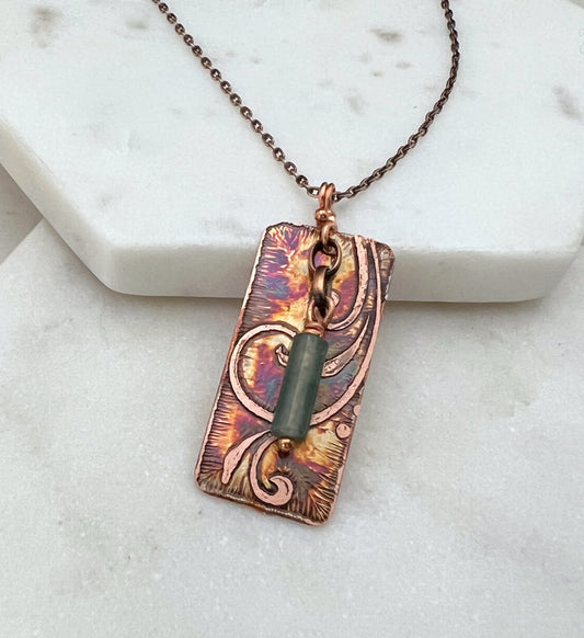Acid etched copper necklace with moss agate gemstones
