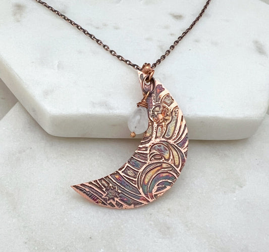 Acid etched copper crescent necklace with moonstone gemstone