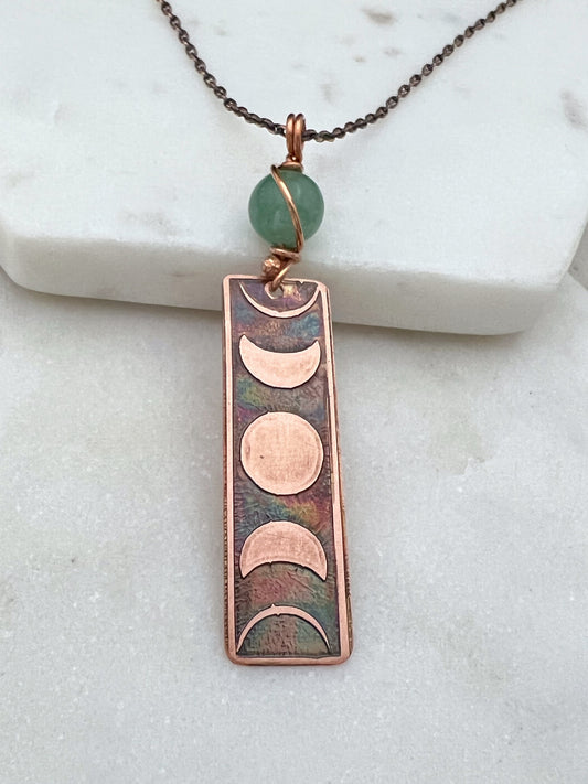 Moon phase acid etched copper necklace with aventurine gemstone