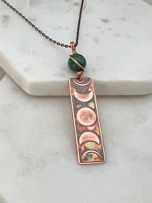 Moon phase acid etched copper necklace with amazonite gemstone