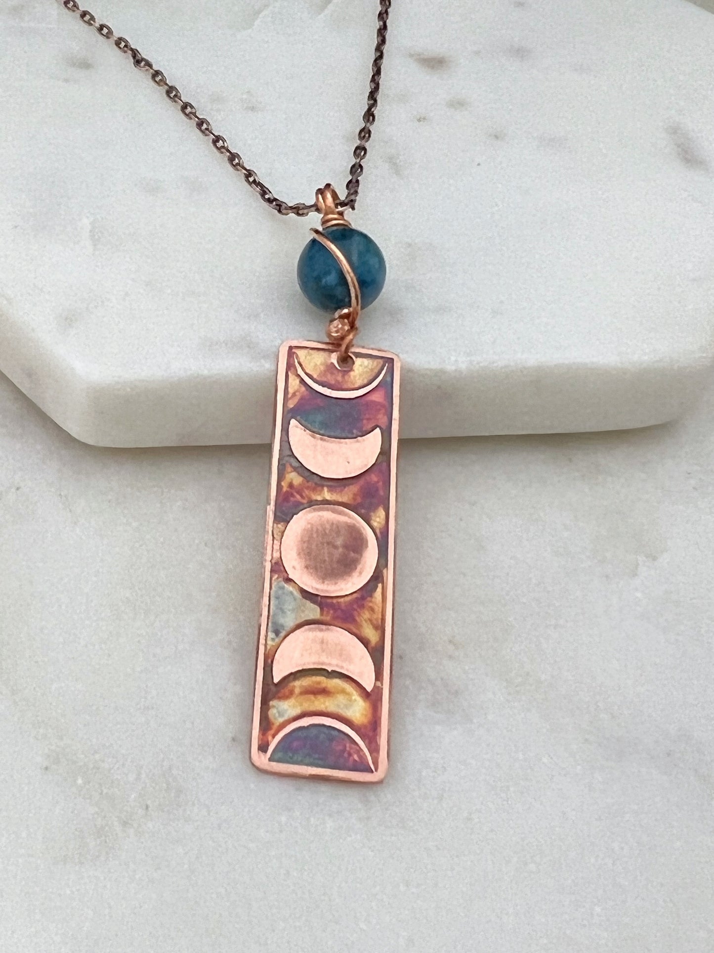 Moon phase acid etched copper necklace with apatite gemstone
