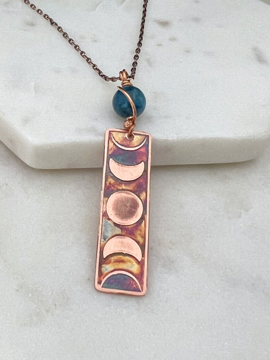 Moon phase acid etched copper necklace with apatite gemstone