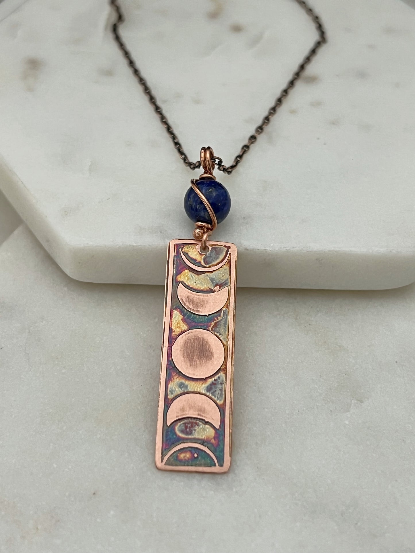 Moon phase acid etched copper necklace with lapis gemstone