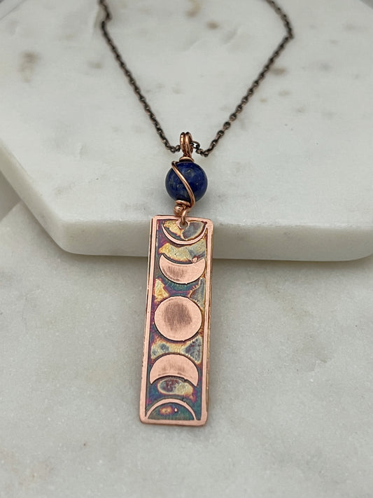 Moon phase acid etched copper necklace with lapis gemstone