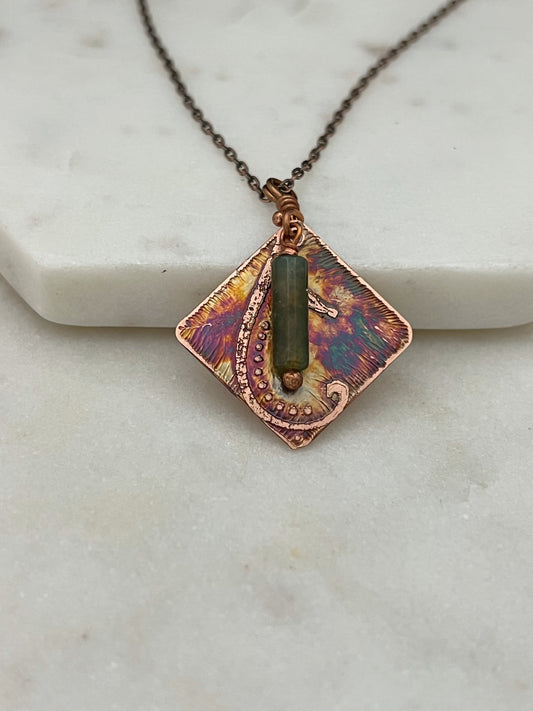 Acid etched copper necklace with moss agate gemstone