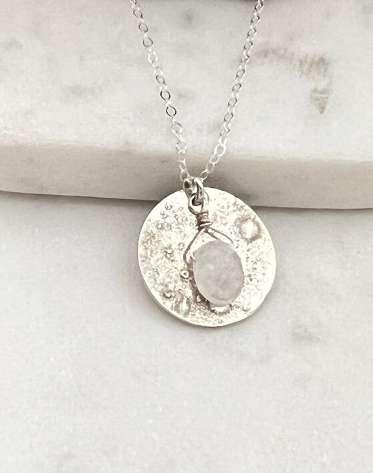 Forged sterling silver moon necklace with moonstone