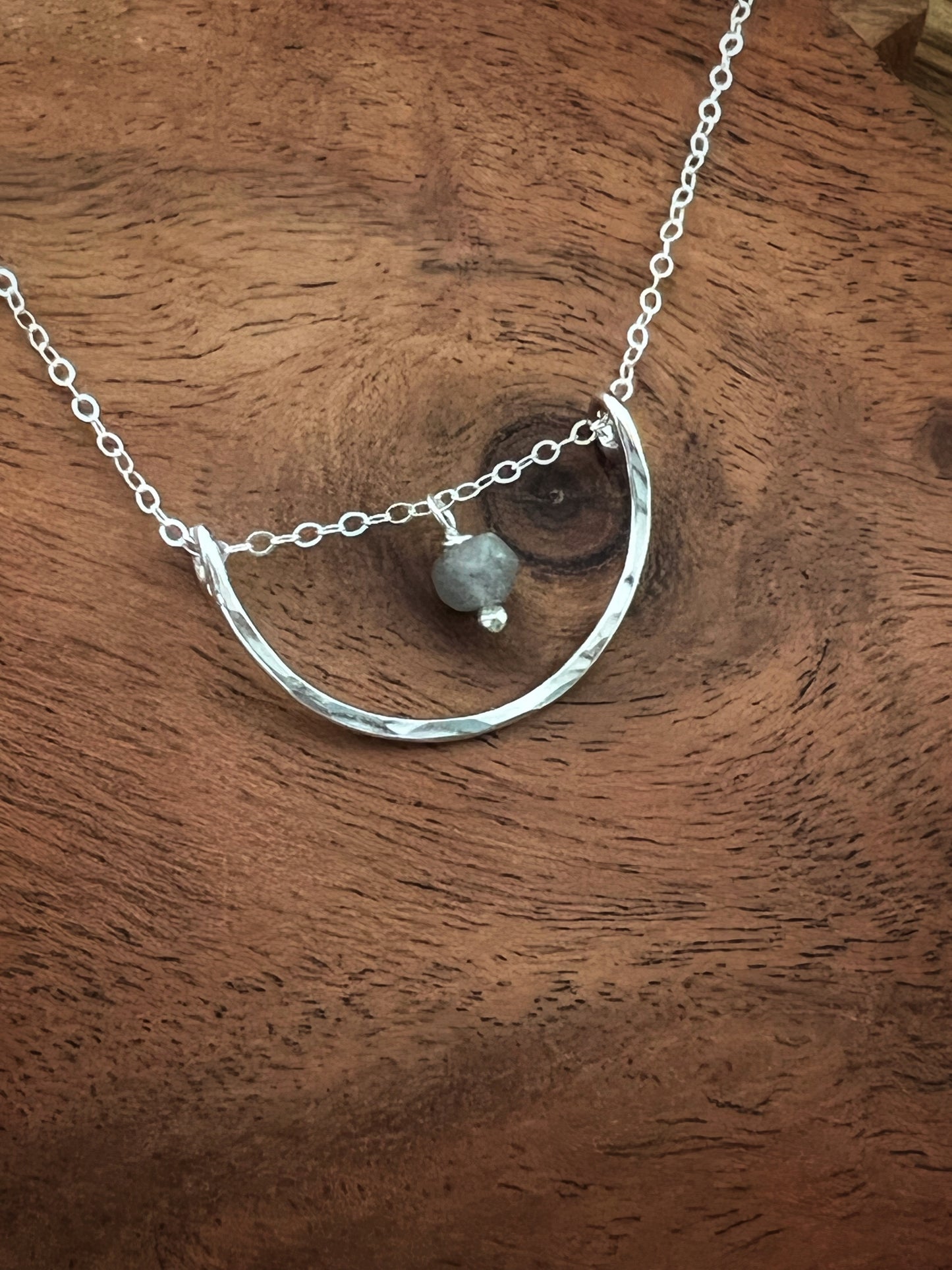 Forged sterling silver wire half moon necklace with labradorite