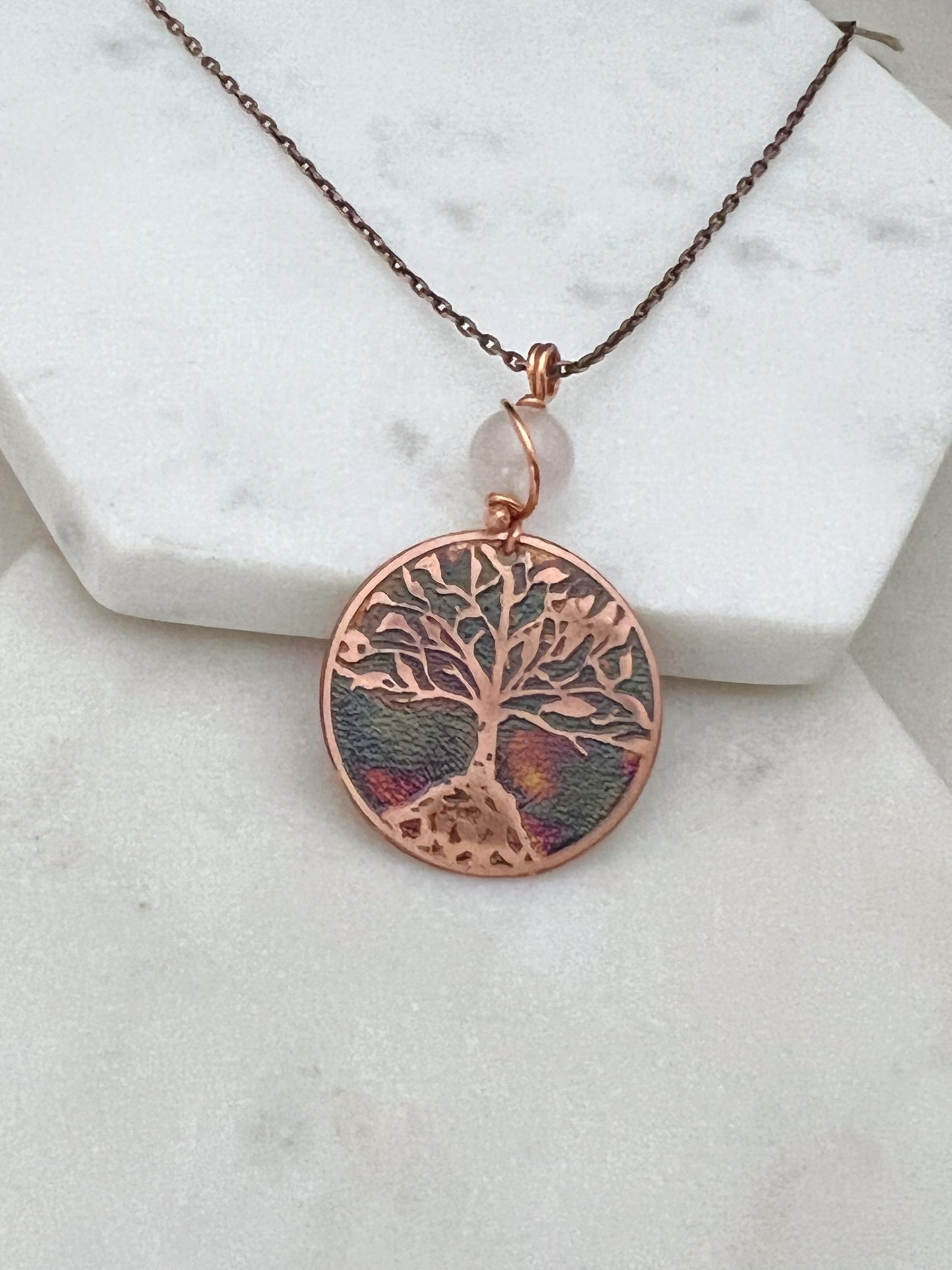 Moon phase acid etched copper necklace with rose quartz gemstone