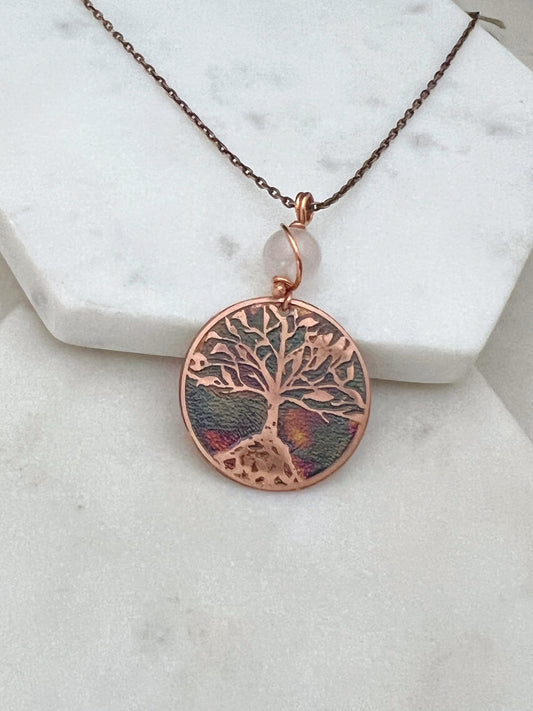 Moon phase acid etched copper necklace with rose quartz gemstone